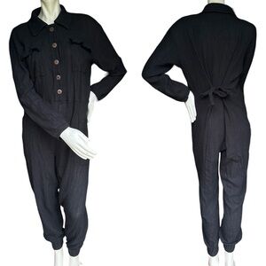 Free People Beach Calico Black Gauze Harem Style Long Sleeve Jumpsuit Size XS